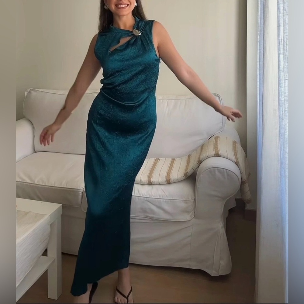 ZARA Gold Appliqué Satin Midi Dress